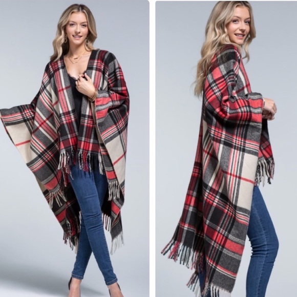 BOHO AUTUMN PLAID COZY RUANA IN RED - Picture 2 of 7
